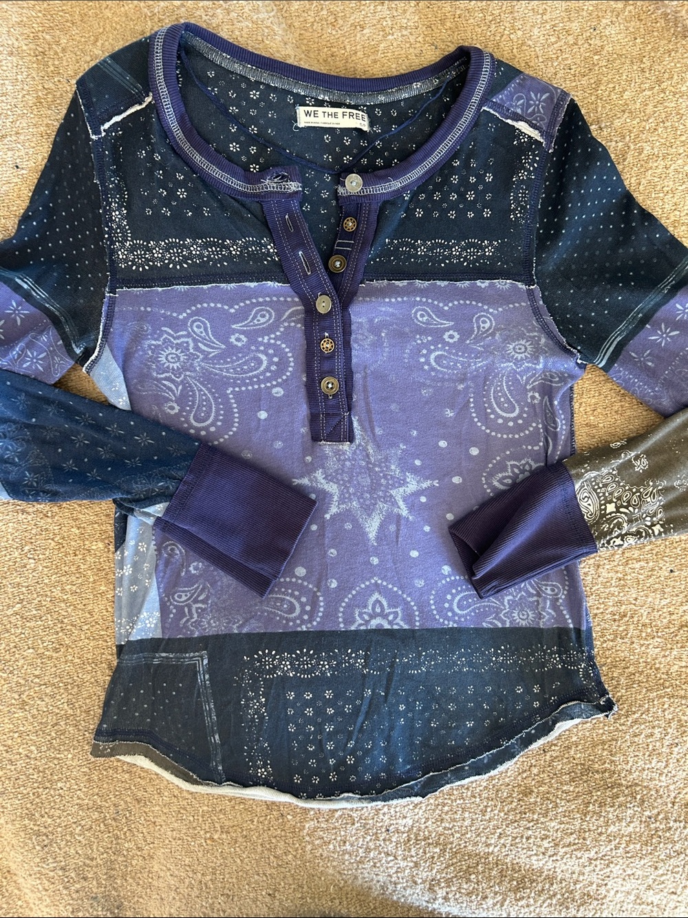 We The Free Purple & Navy Patchwork Henley Tee